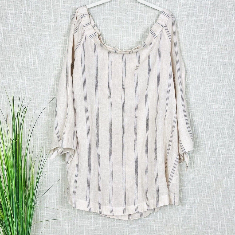 CP Shades Beige and Navy Striped Linen Blend Blouse